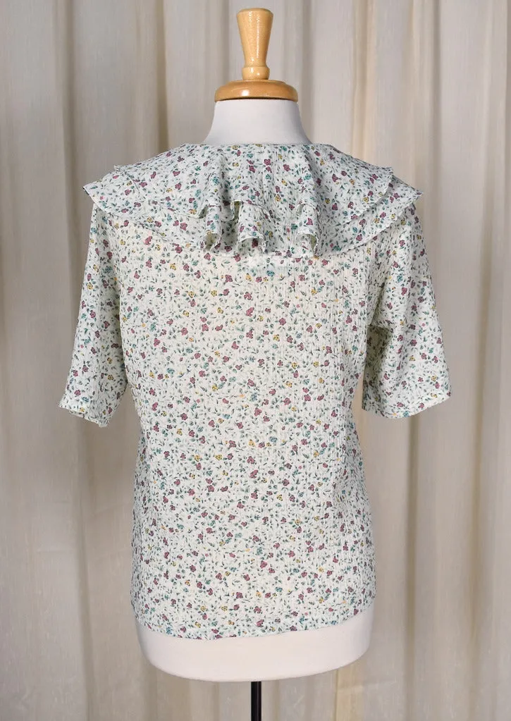 1940s Style Floral Crepe Ruffle Blouse