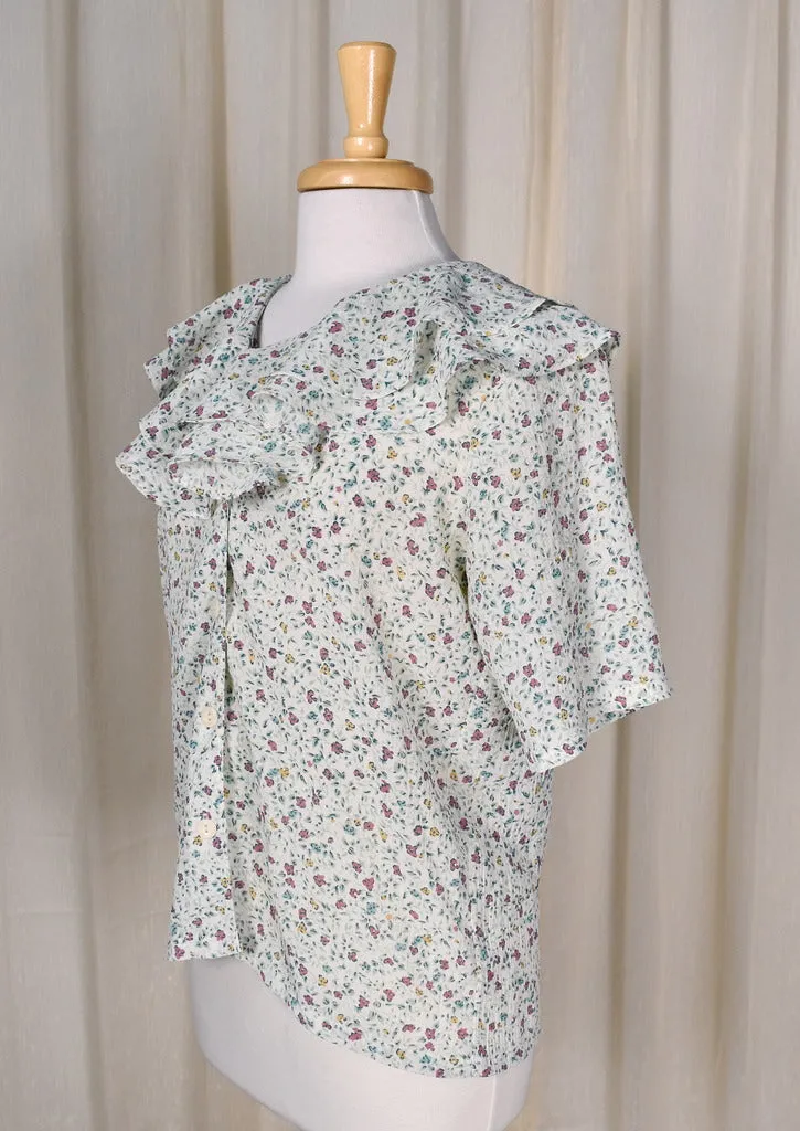 1940s Style Floral Crepe Ruffle Blouse