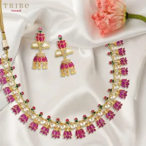 21A097 Gold Plated Lotus Necklace Set with Earrings