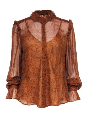 7 For All Mankind - Rusty Brown & Black Spotted Silk Sheer Blouse w/ Camisole Sz M