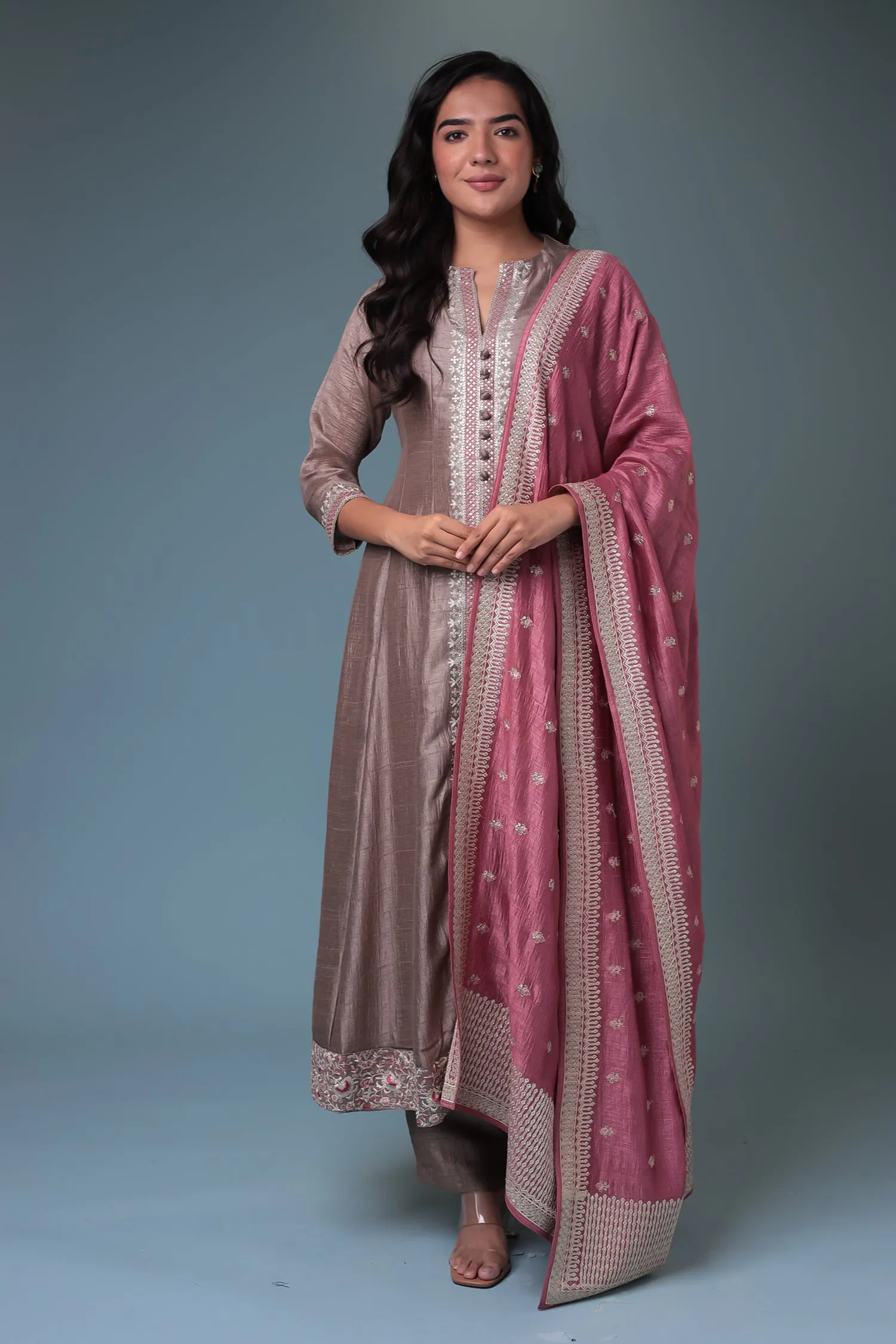 Anarkali Chinon Suit with Embroidered Dupatta