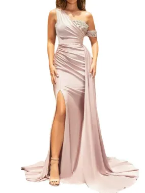 Asymmetrical Gown with Thigh Slit and Trail