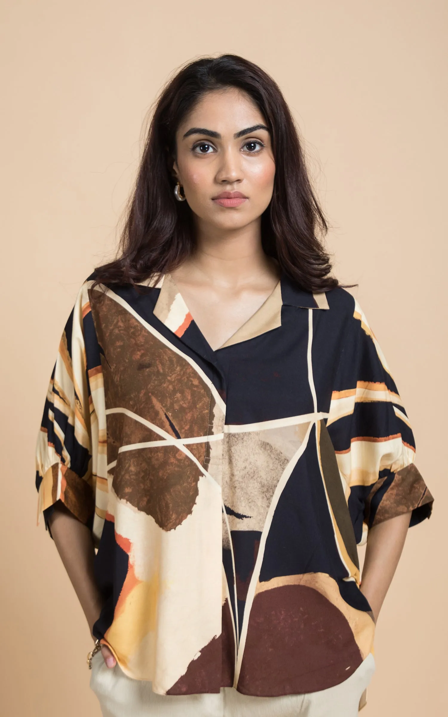 Black & Beige Abstract Printed Top