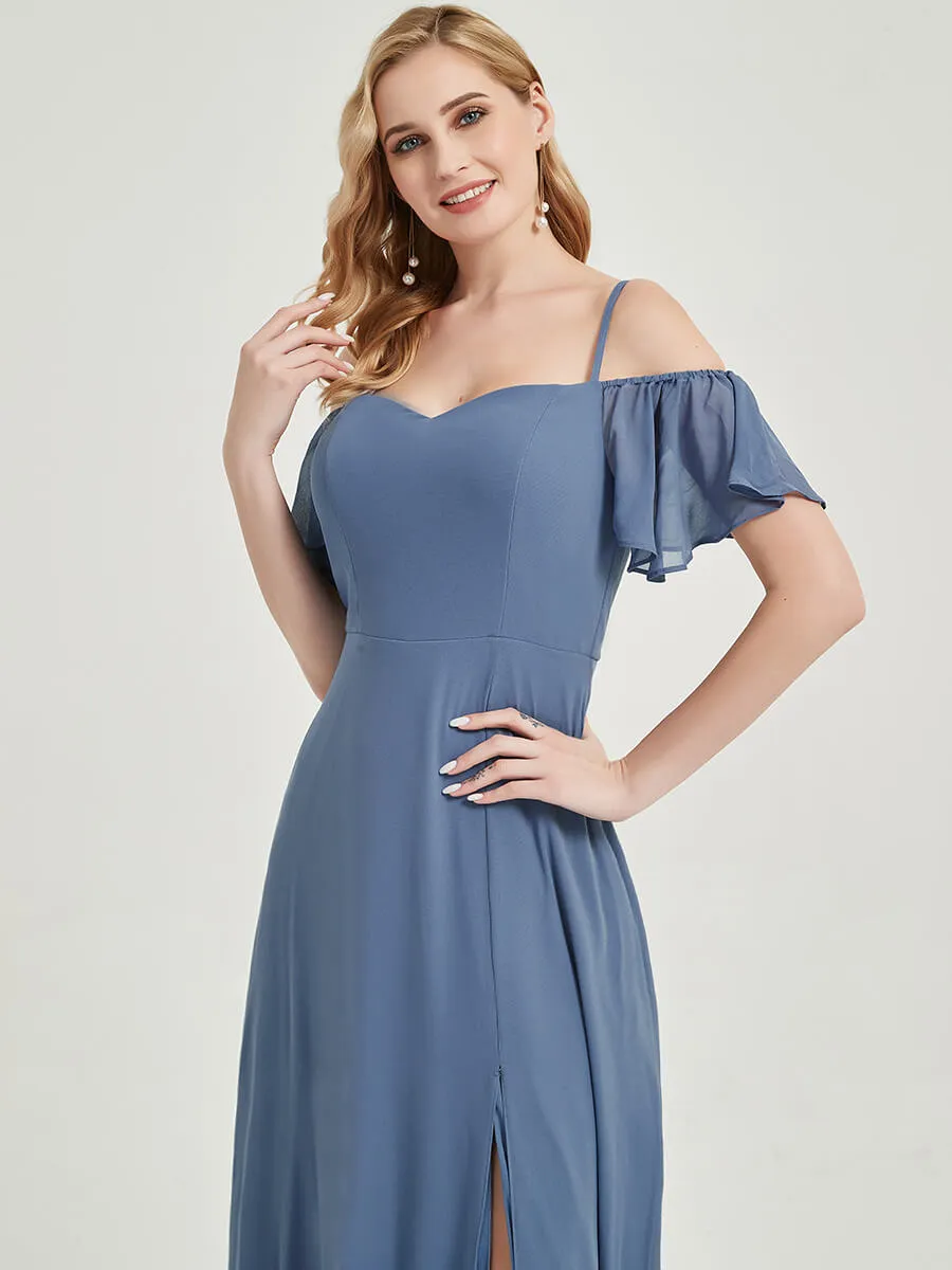 Black Off-Shoulder A-Line Maxi Chiffon Bridesmaid Dress With Leg Slit