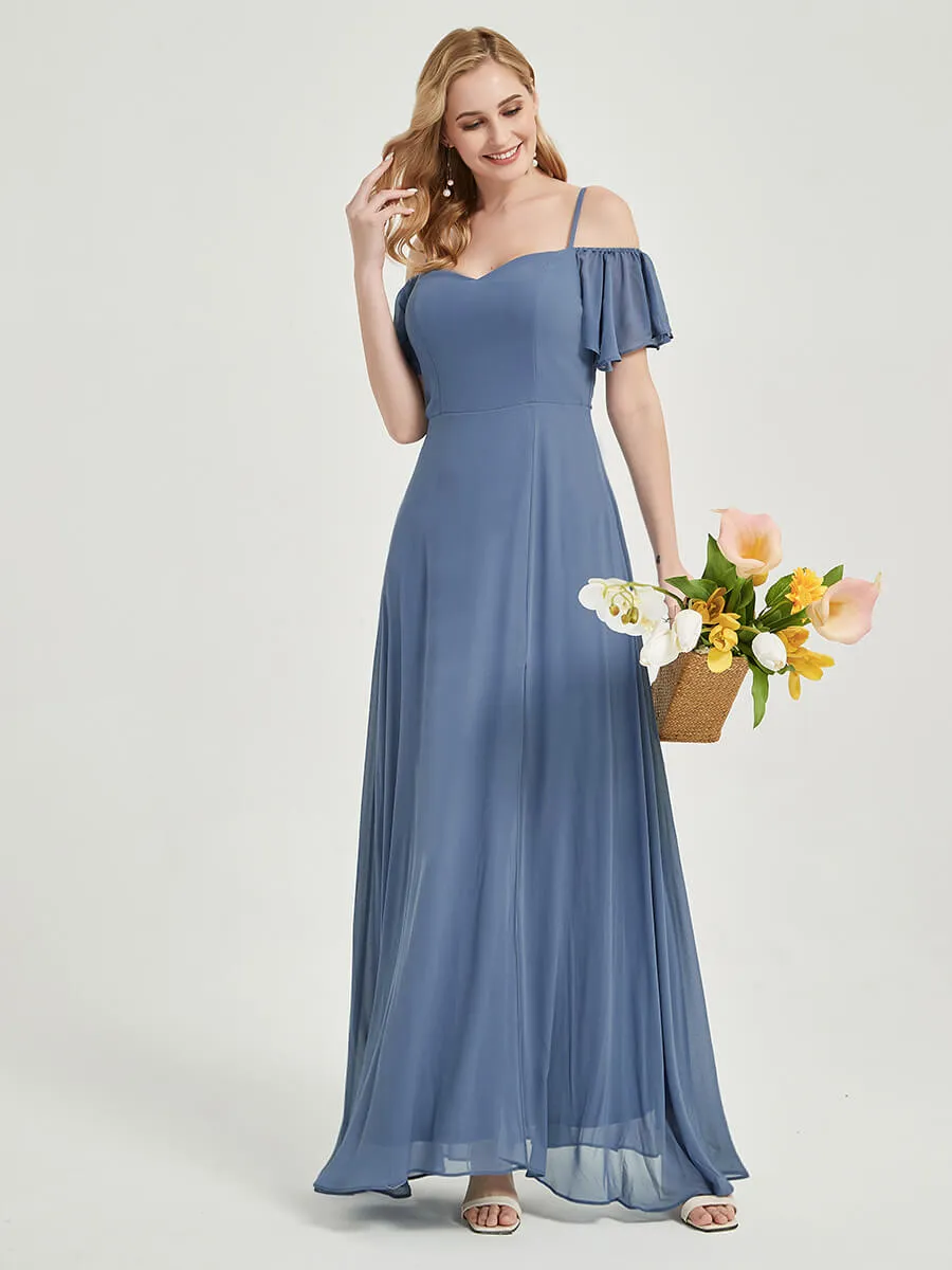 Black Off-Shoulder A-Line Maxi Chiffon Bridesmaid Dress With Leg Slit