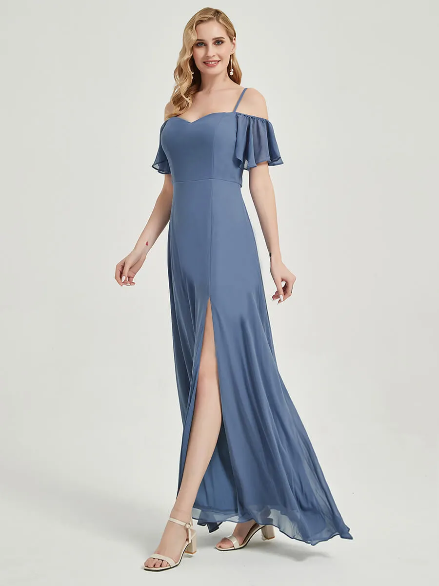 Black Off-Shoulder A-Line Maxi Chiffon Bridesmaid Dress With Leg Slit