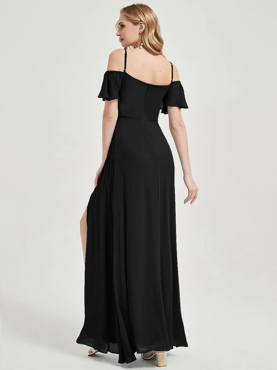 Black Off-Shoulder A-Line Maxi Chiffon Bridesmaid Dress With Leg Slit