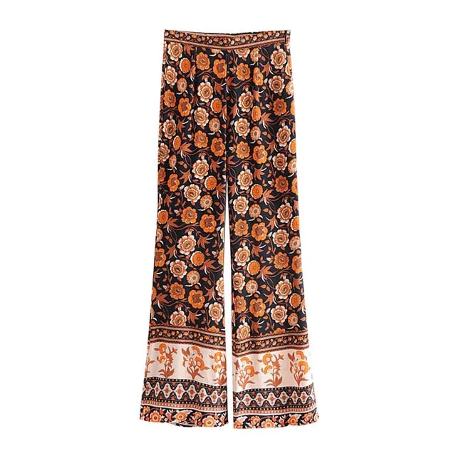 Boho Bell Bottoms Floral Print Pants Elastic Off The Shoulder Gypsy Blouse High Waist Pant Flower Child India Bohemian Print Flared Leg Puffed Long Sleeves Top & Pant Sold Separately Available In Sizes S M L