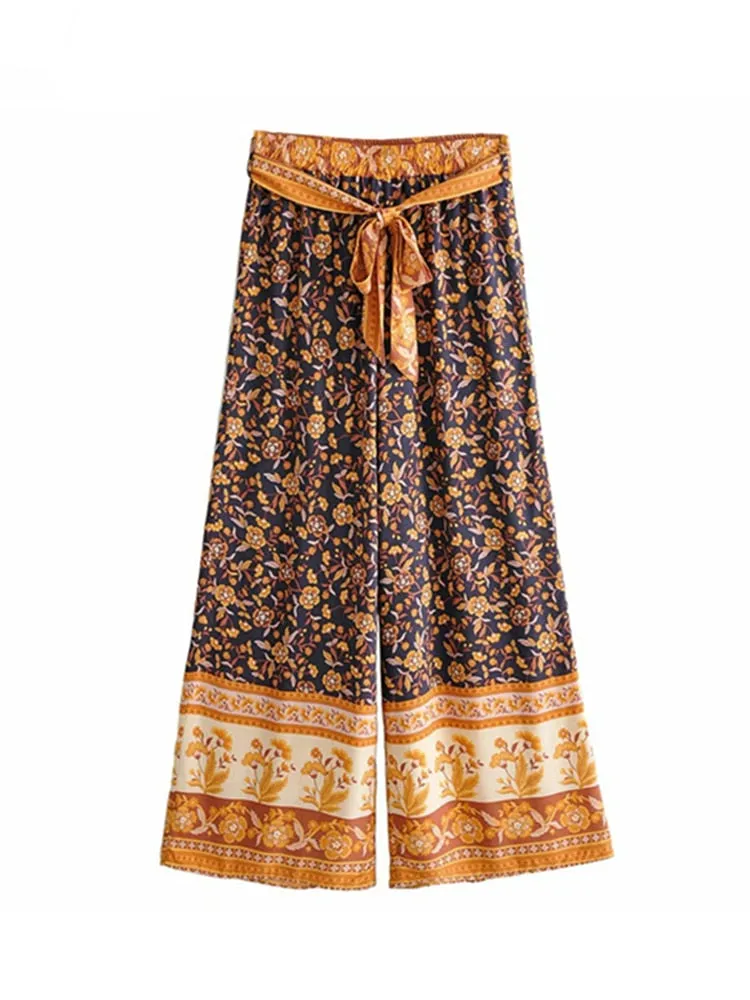 Boho Bell Bottoms Floral Print Pants Elastic Off The Shoulder Gypsy Blouse High Waist Pant Flower Child India Bohemian Print Flared Leg Puffed Long Sleeves Top & Pant Sold Separately Available In Sizes S M L