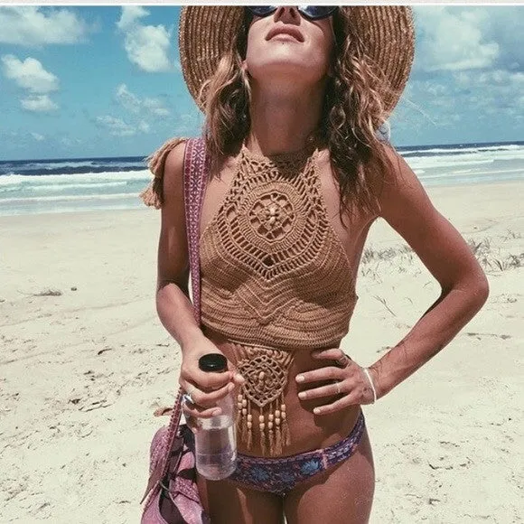 Boho Crochet Bikini "Twiggy" Tan Beige Halter Top With Wooden Beads Tassels Festival Ready Size Small Medium Or Large