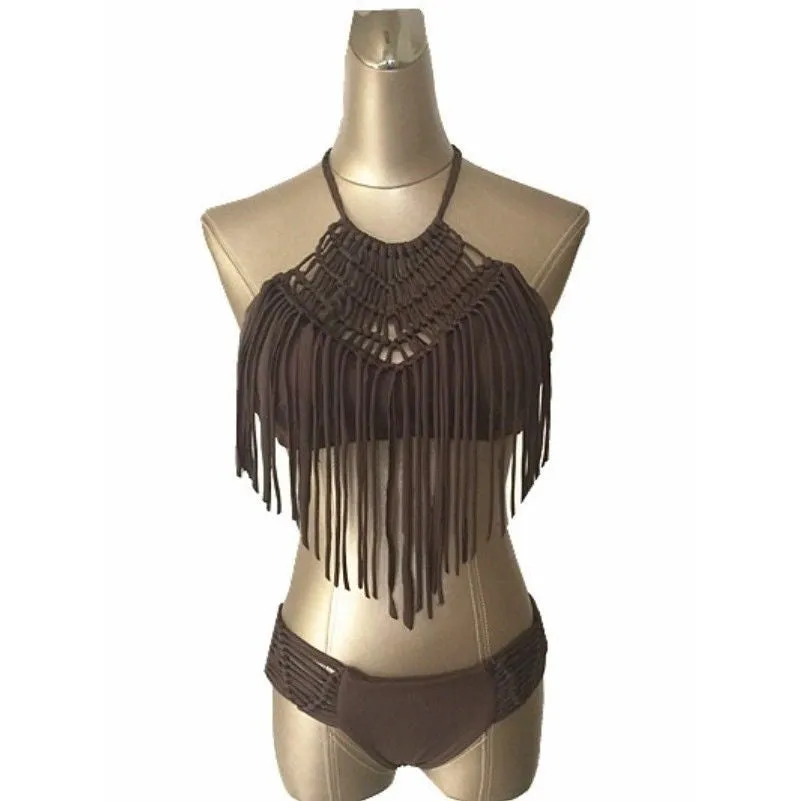 Boho Fringe Bikini Woven Crochet Halter Matching Bottoms Cocoa Brown Braided Ties Small Medium Or Large