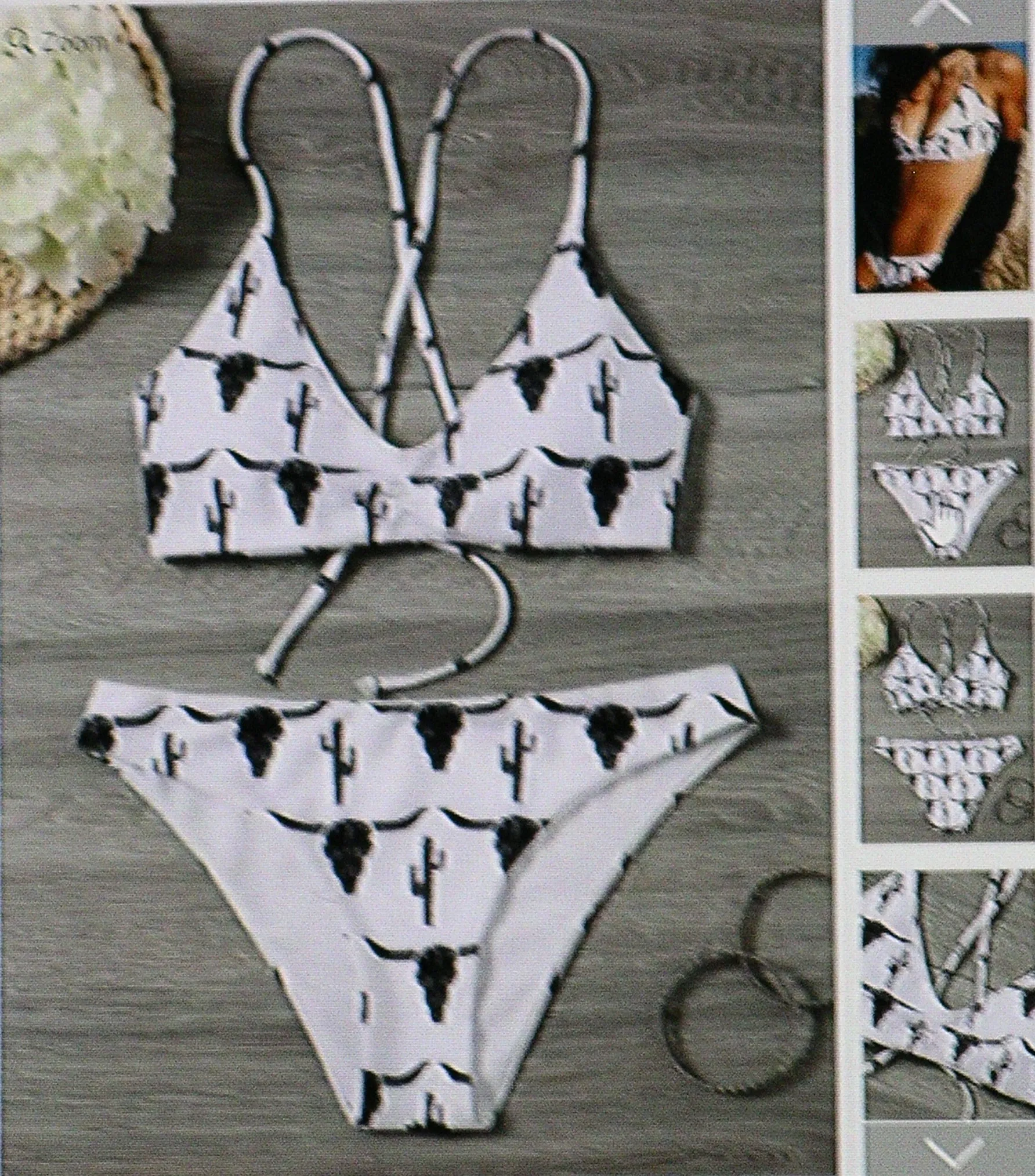 Boho Longhorn Skull Cactus Bikini White 2 Piece Swimsuit With And Black Cattle Print Padded Strappy Top Hiphugger Bottoms Small Medium Large