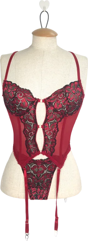 boohoo Red Contrast Lace Cut Out Basque And Thong Set UK S