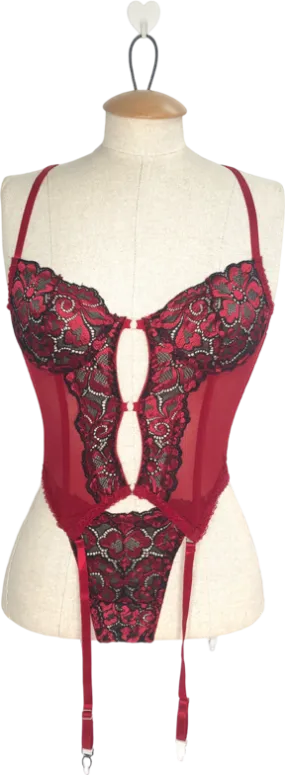 boohoo Red Contrast Lace Cut Out Basque And Thong Set UK S