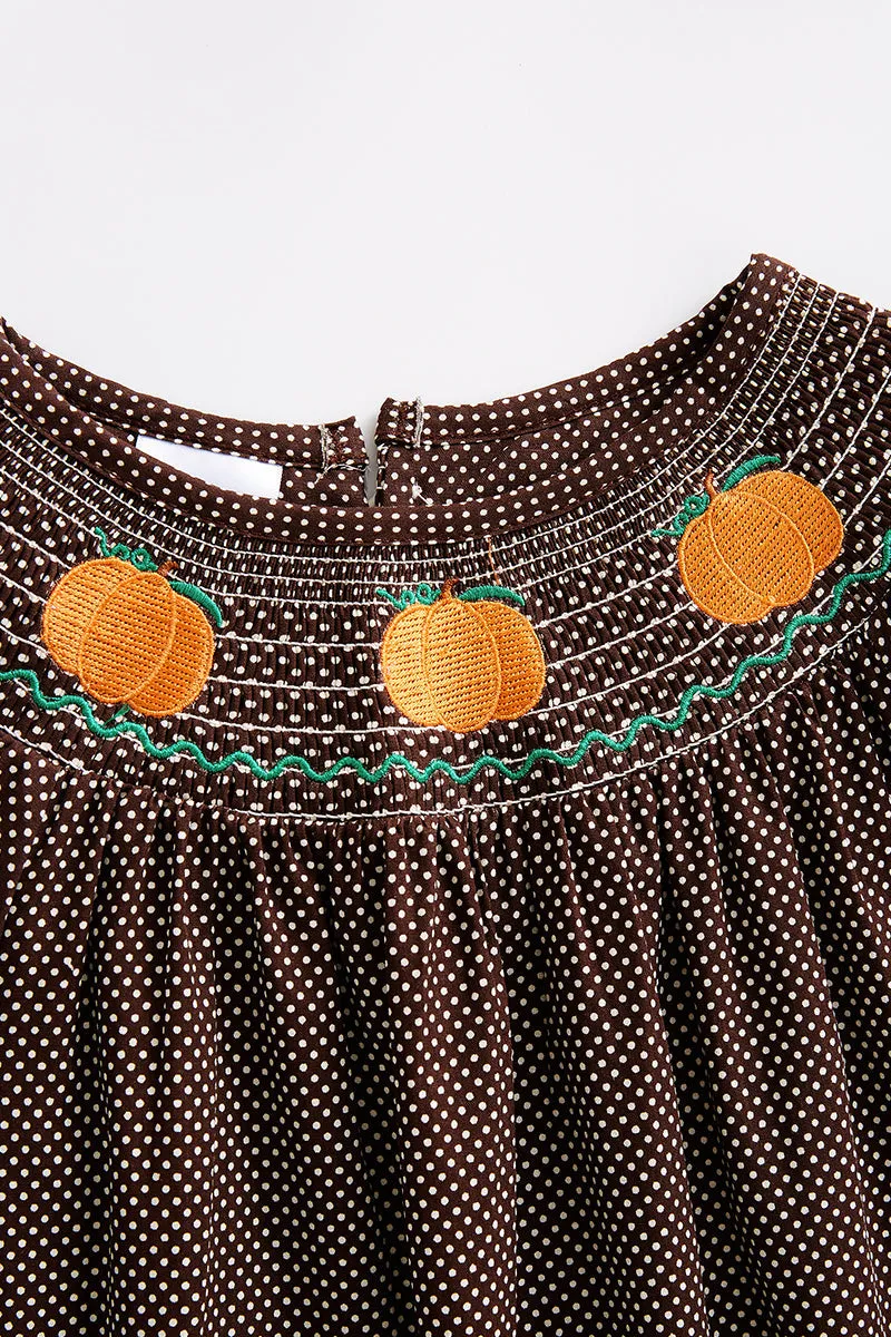 Brown pumpkin smocked polkadot sleeve dress