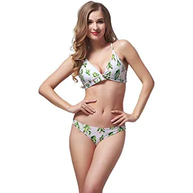 Cactus Print Bikini Boho White Cowgirl Swimsuit Green With Bohemian Desert Cacti Low Rise Bottoms Lined Top Cute Triangle Spaghetti Straps Small Medium Or Large