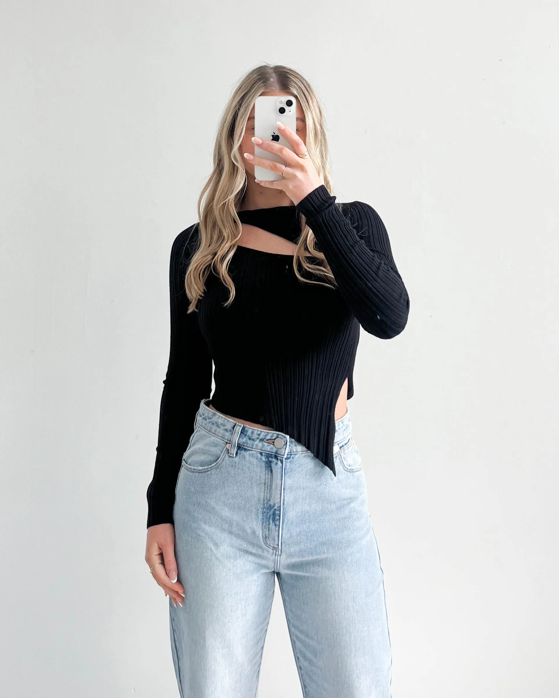 Chels Asymmetric Cut Out Knit Top Black