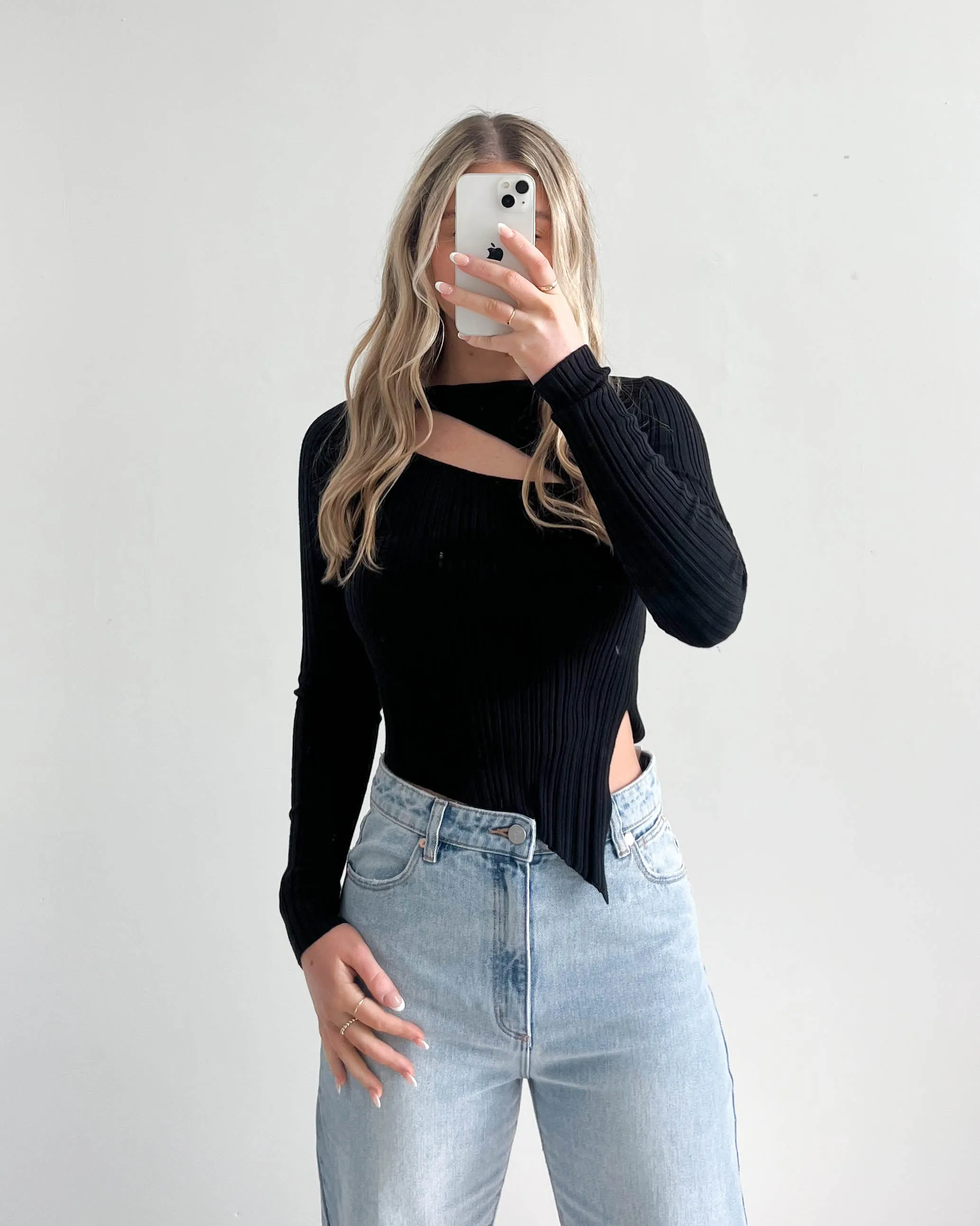 Chels Asymmetric Cut Out Knit Top Black