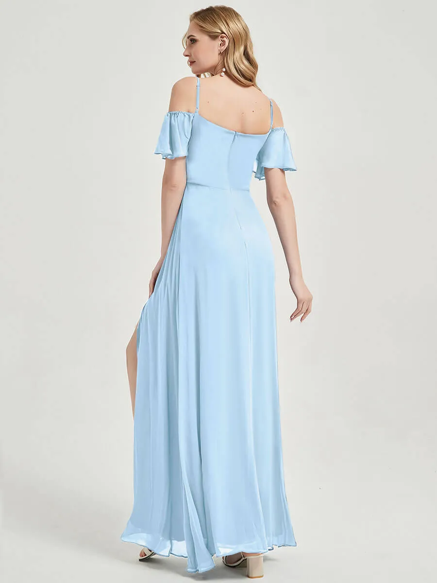 Cornflower Blue Ruffle Sleeves Split Bridesmaid Dress For Bridal Shower