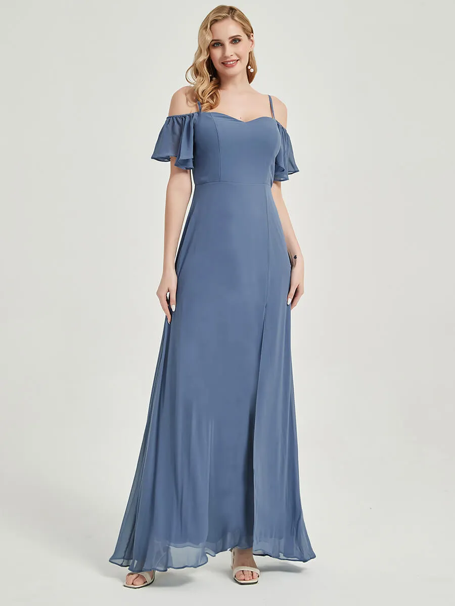 Cornflower Blue Ruffle Sleeves Split Bridesmaid Dress For Bridal Shower