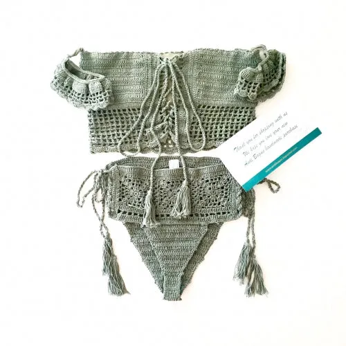 Crochet Bikini Bridie Lace Up Top & Brawa Lace Up Sides Bottom Lake Green Bohemian Beach Set Small Medium Or Large