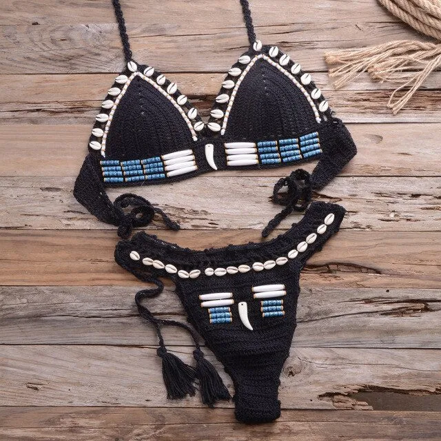 Crochet Bikini Cowrie Shells Hairpipe Beads Blue Black Beige Or White Bohemian Swimsuit Or Boho Festival Halter Available In Sizes Small Medium Or Large