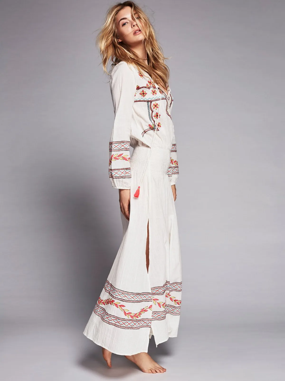 Embroidered Boho Maxi Dress "Mystical" White With Colorful Embroidery Bohemian Tassel Ties XS Small Medium Large Or Extra Large XL