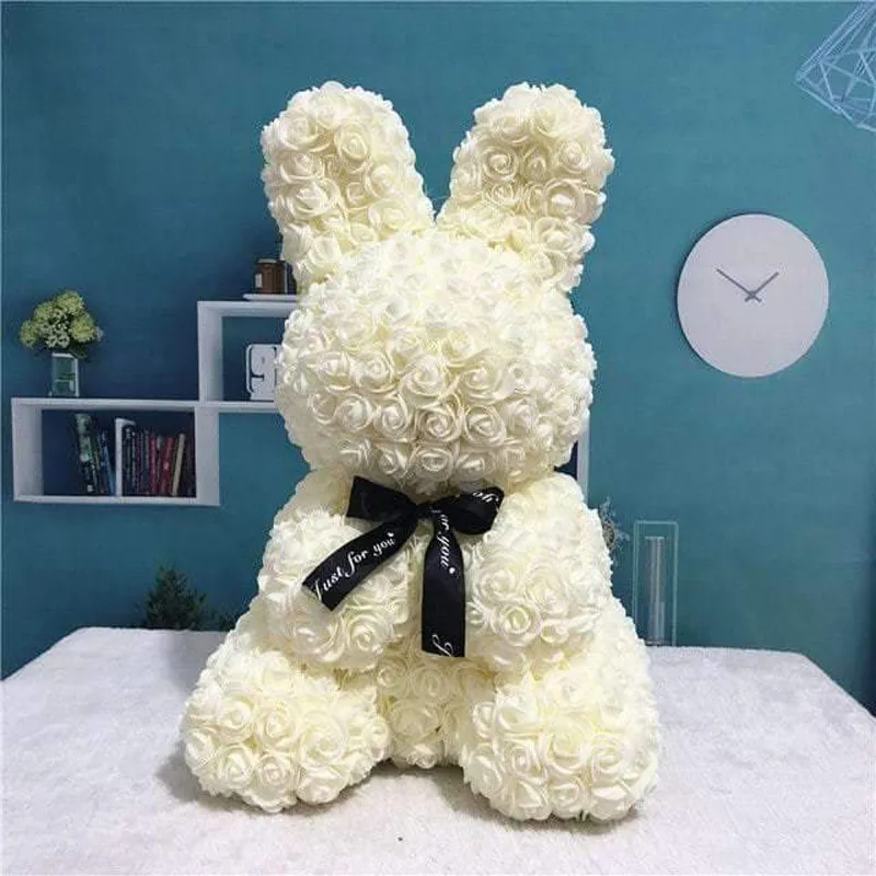 Gorgeous White Rose Bunny with LED Light and Gift Box - 40cm