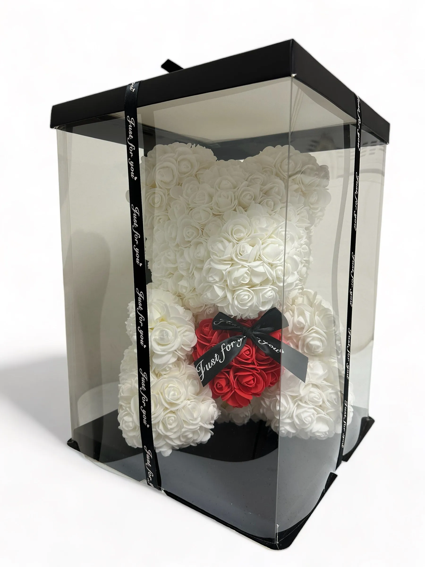 Gorgeous White Rose Teddy Bear Hugging Heart with LED Light and Gift Box - 40cm