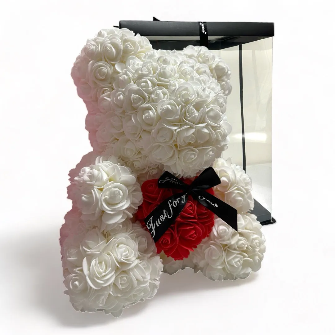 Gorgeous White Rose Teddy Bear Hugging Heart with LED Light and Gift Box - 40cm