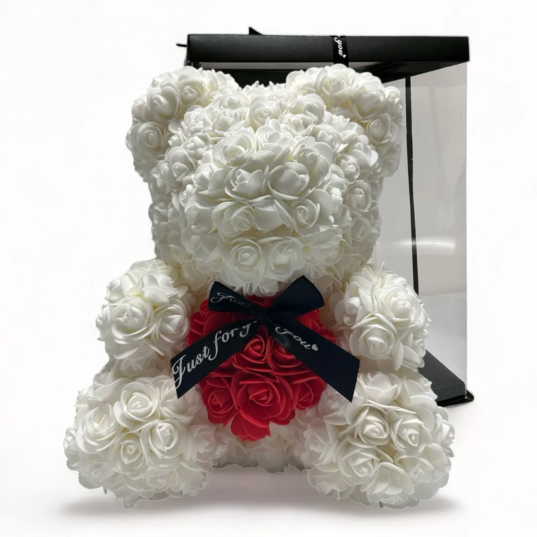 Gorgeous White Rose Teddy Bear Hugging Heart with LED Light and Gift Box - 40cm