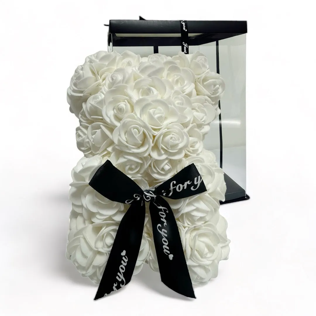 Gorgeous White Rose Teddy Bear with Gift Box - 25cm