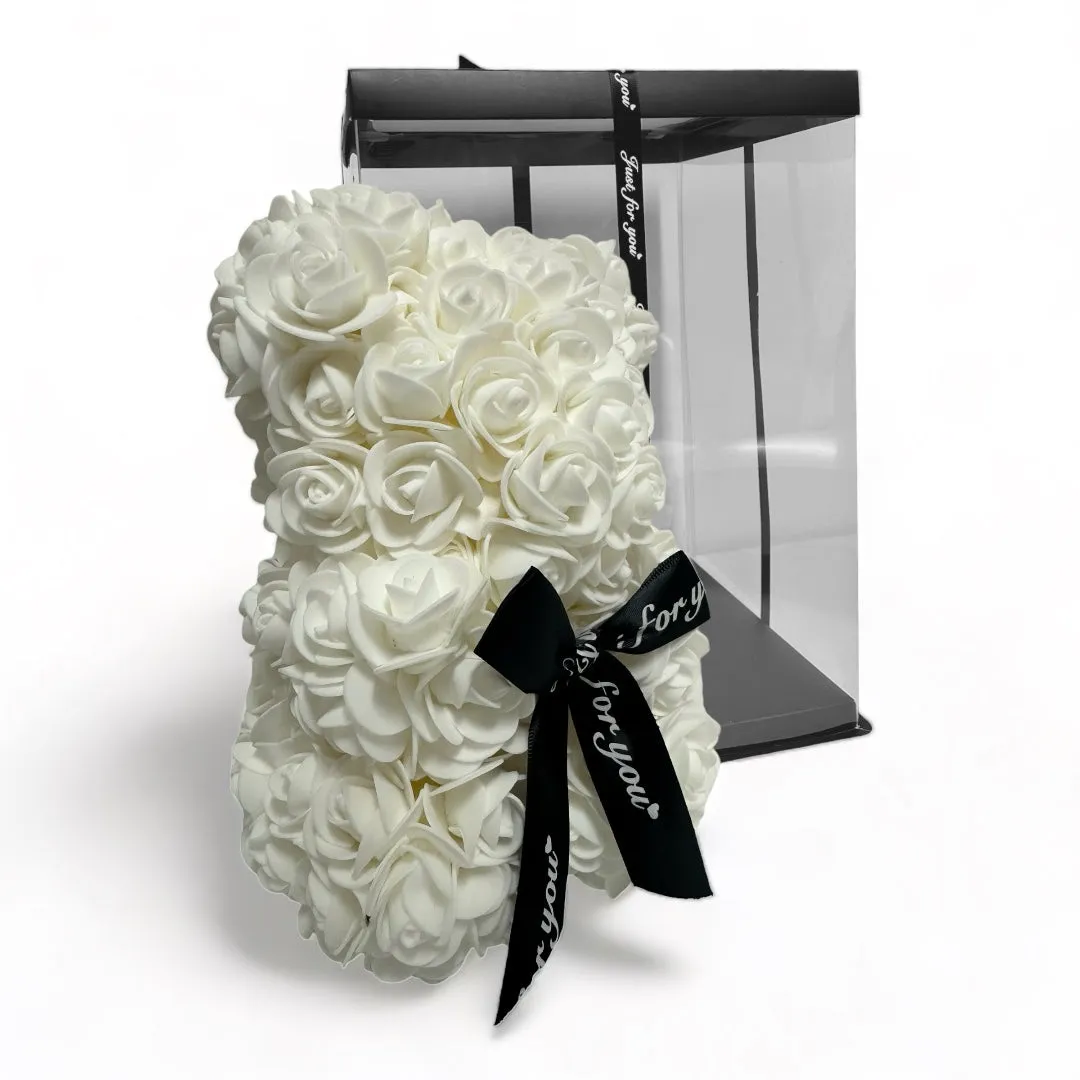 Gorgeous White Rose Teddy Bear with Gift Box - 25cm