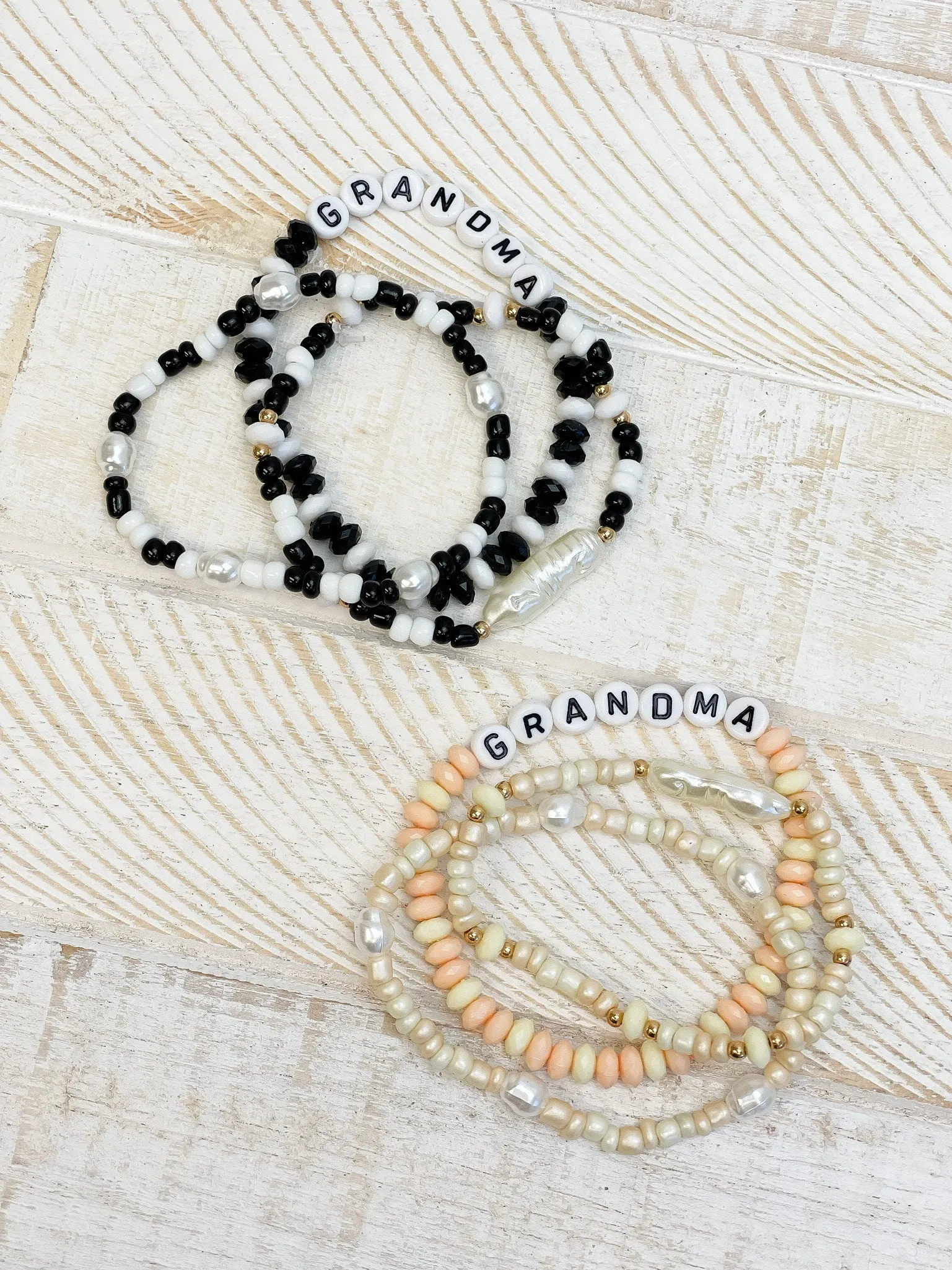 'Grandma' Beaded Stretch Bracelet Set - Ivory