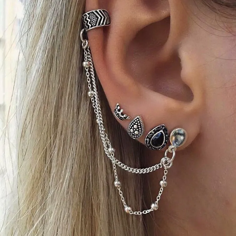 Gypsy Earrings Set 4 Pieces Including Ear Cuff Cascading Chains Stacking Boho Jewelry Silver Black Stones