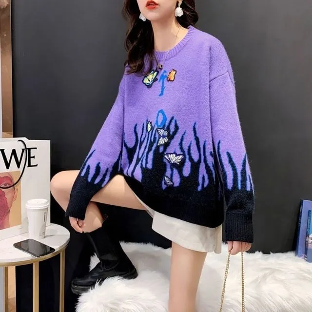 Knitted Sweater With Flame Pattern