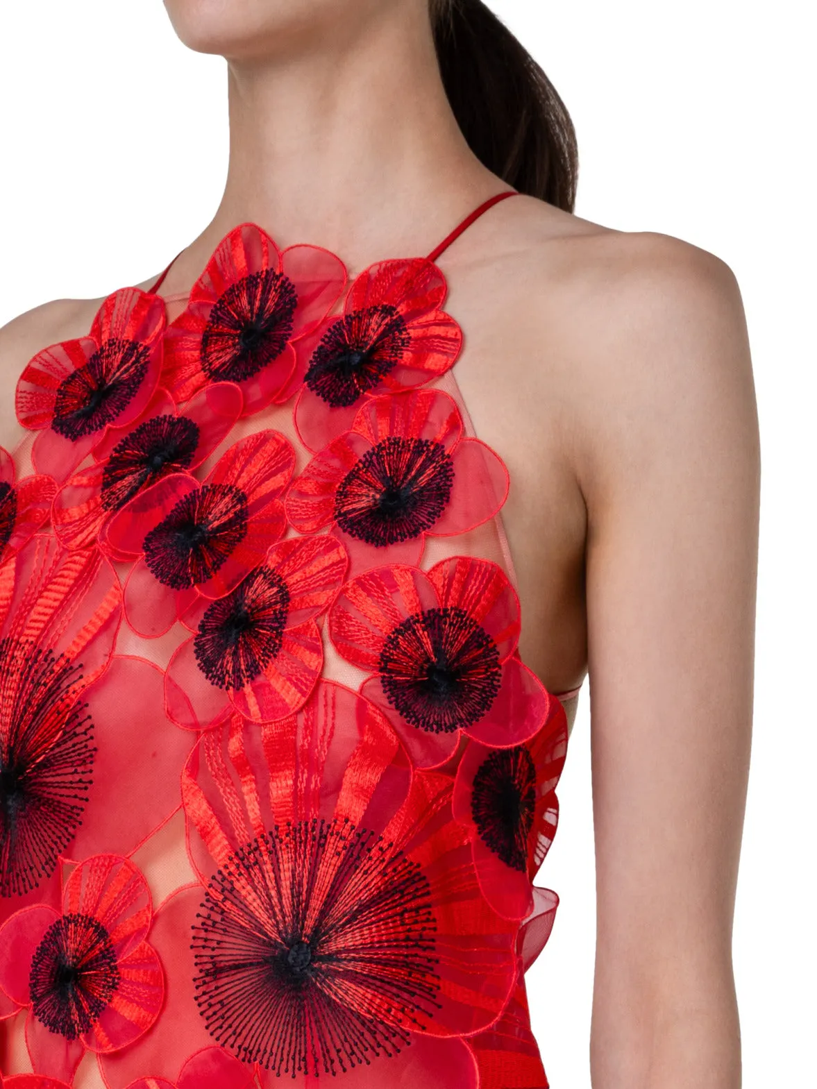 Kurzes Kleid mit Poppy-Blumen-Stickerei und offenem Rücken