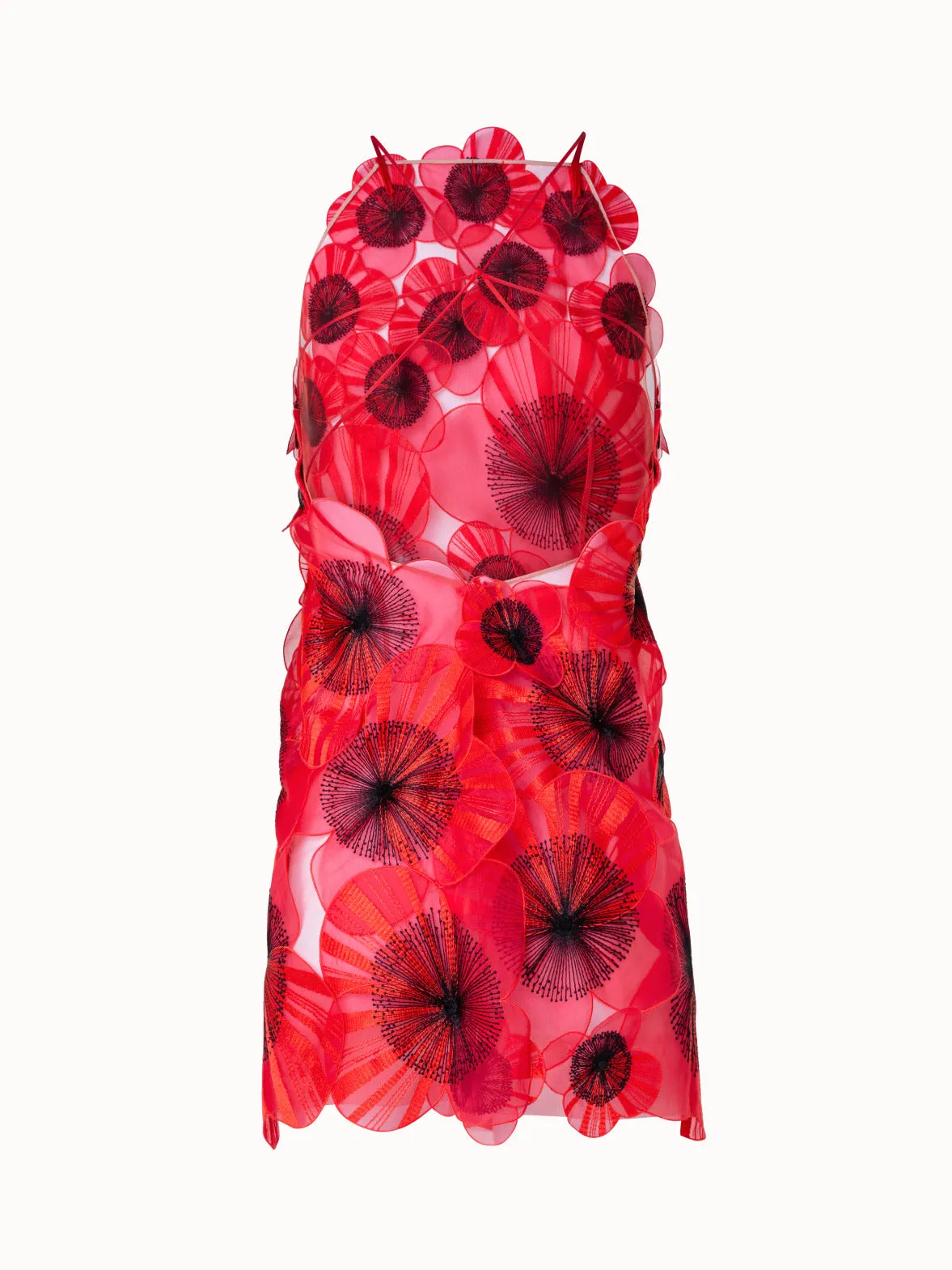 Kurzes Kleid mit Poppy-Blumen-Stickerei und offenem Rücken