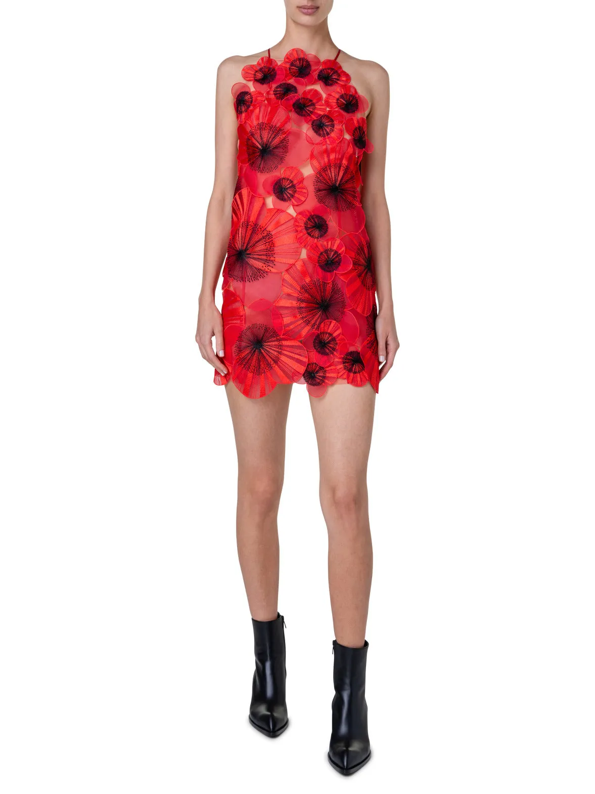 Kurzes Kleid mit Poppy-Blumen-Stickerei und offenem Rücken