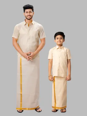 Like Father Like Son Half Sleeves Tissue Jari Shirt Dhoti Combo Sankalpam Gold