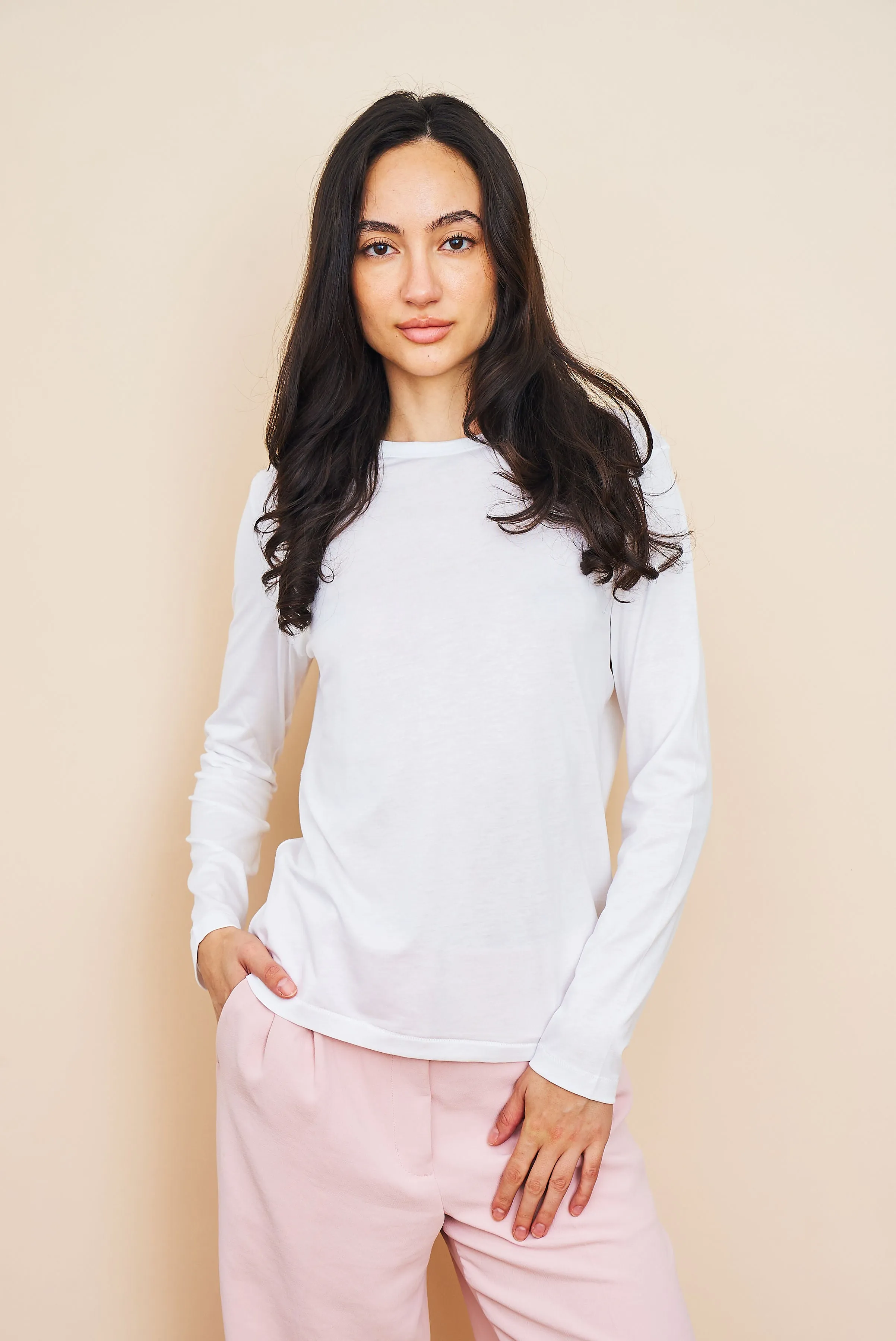 Lyocell Cotton Long Sleeve Semi Relaxed Crewneck in Blanc