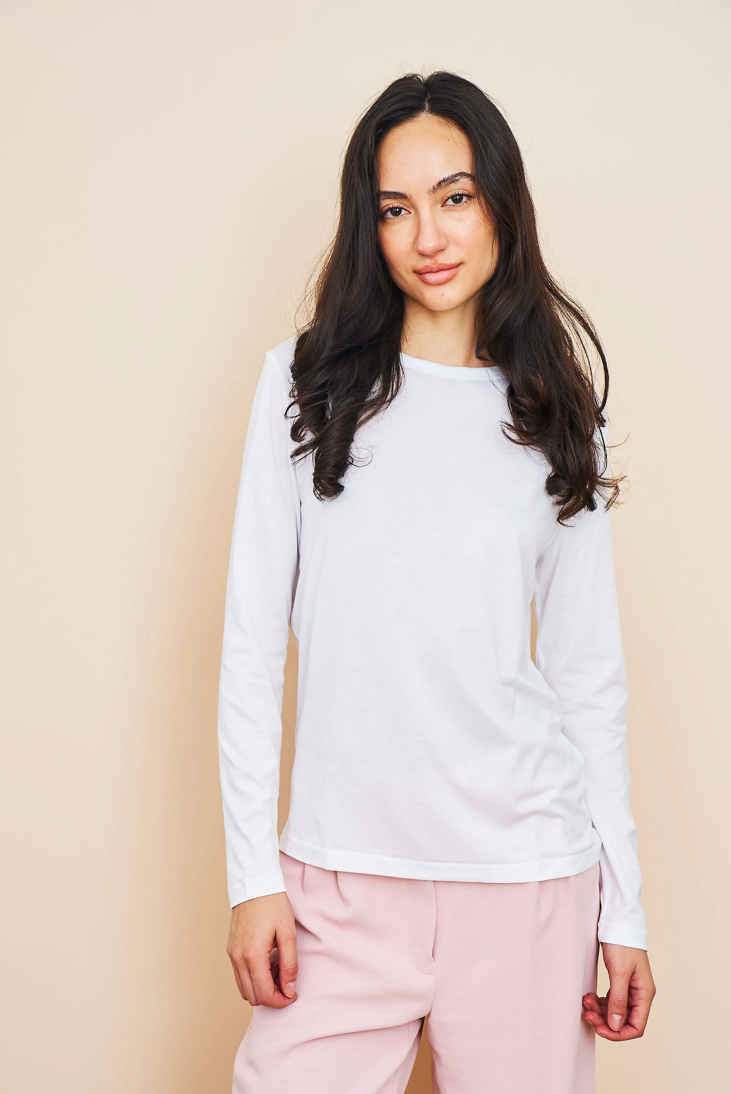 Lyocell Cotton Long Sleeve Semi Relaxed Crewneck in Blanc