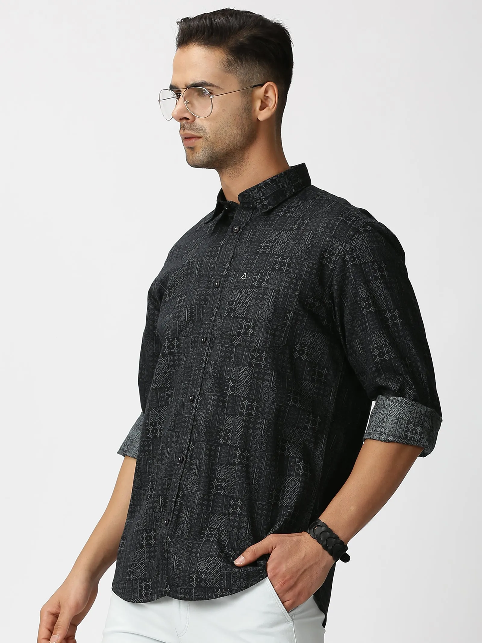 MEN'S BLACK PRINT SLIM FIT SHIRT