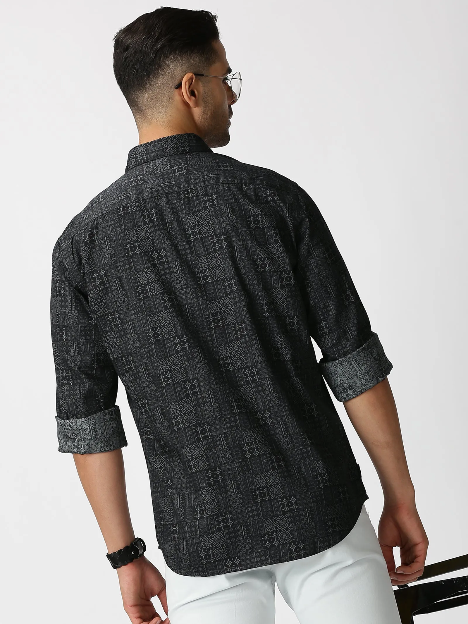 MEN'S BLACK PRINT SLIM FIT SHIRT