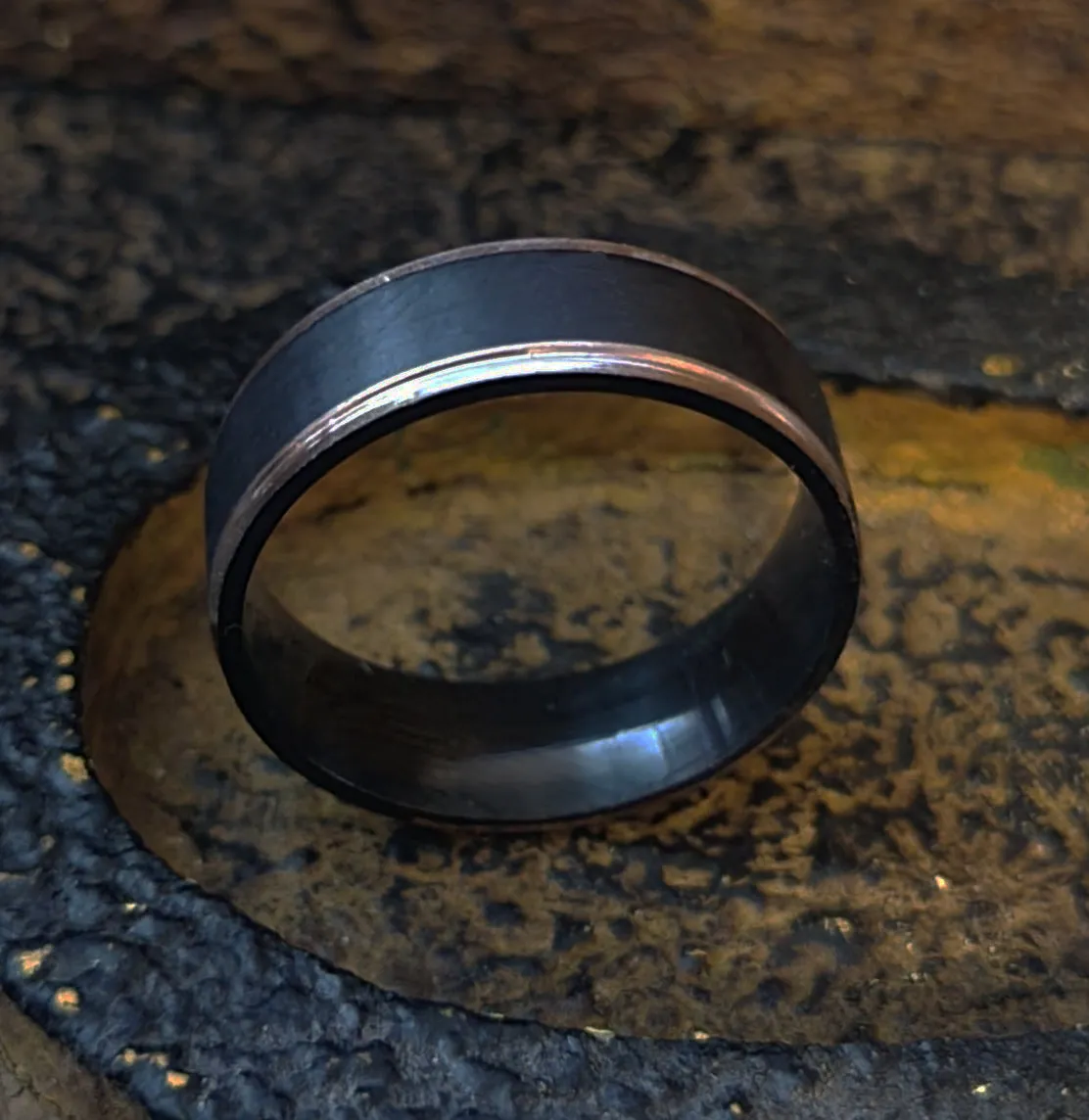 Men's Personalized Black and Rose Gold Wedding Ring Rose Gold Edges