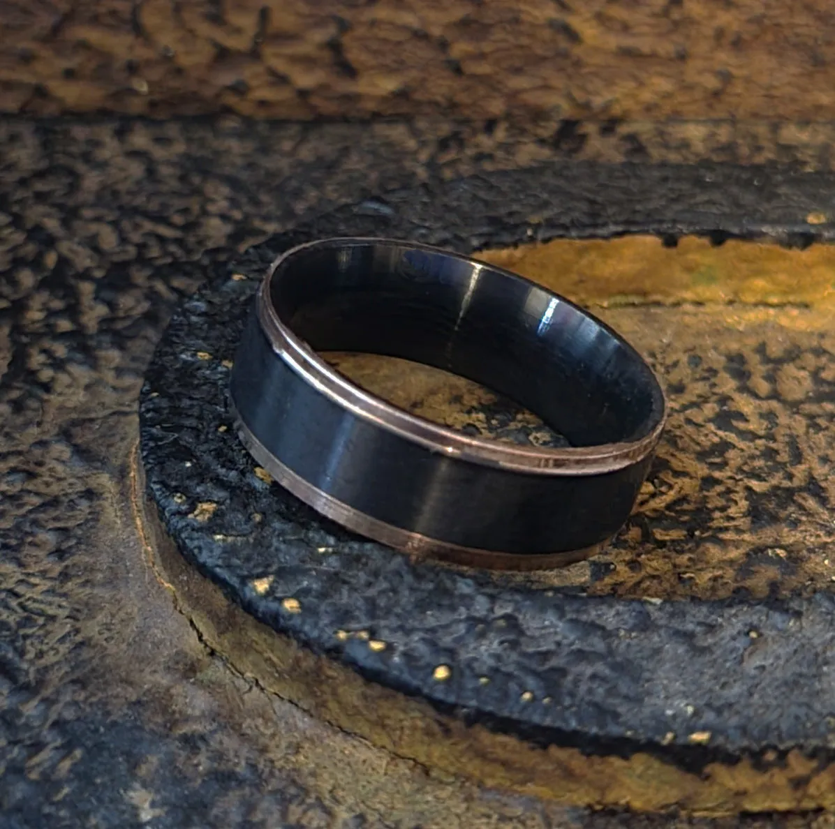 Men's Personalized Black and Rose Gold Wedding Ring Rose Gold Edges