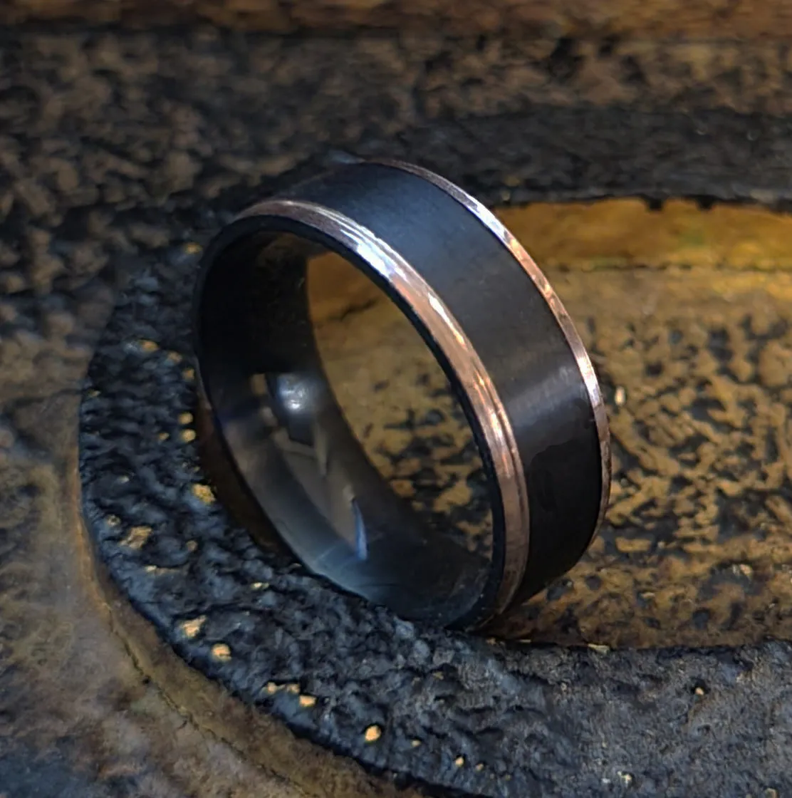 Men's Personalized Black and Rose Gold Wedding Ring Rose Gold Edges