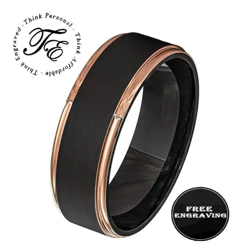 Men's Personalized Black and Rose Gold Wedding Ring Rose Gold Edges