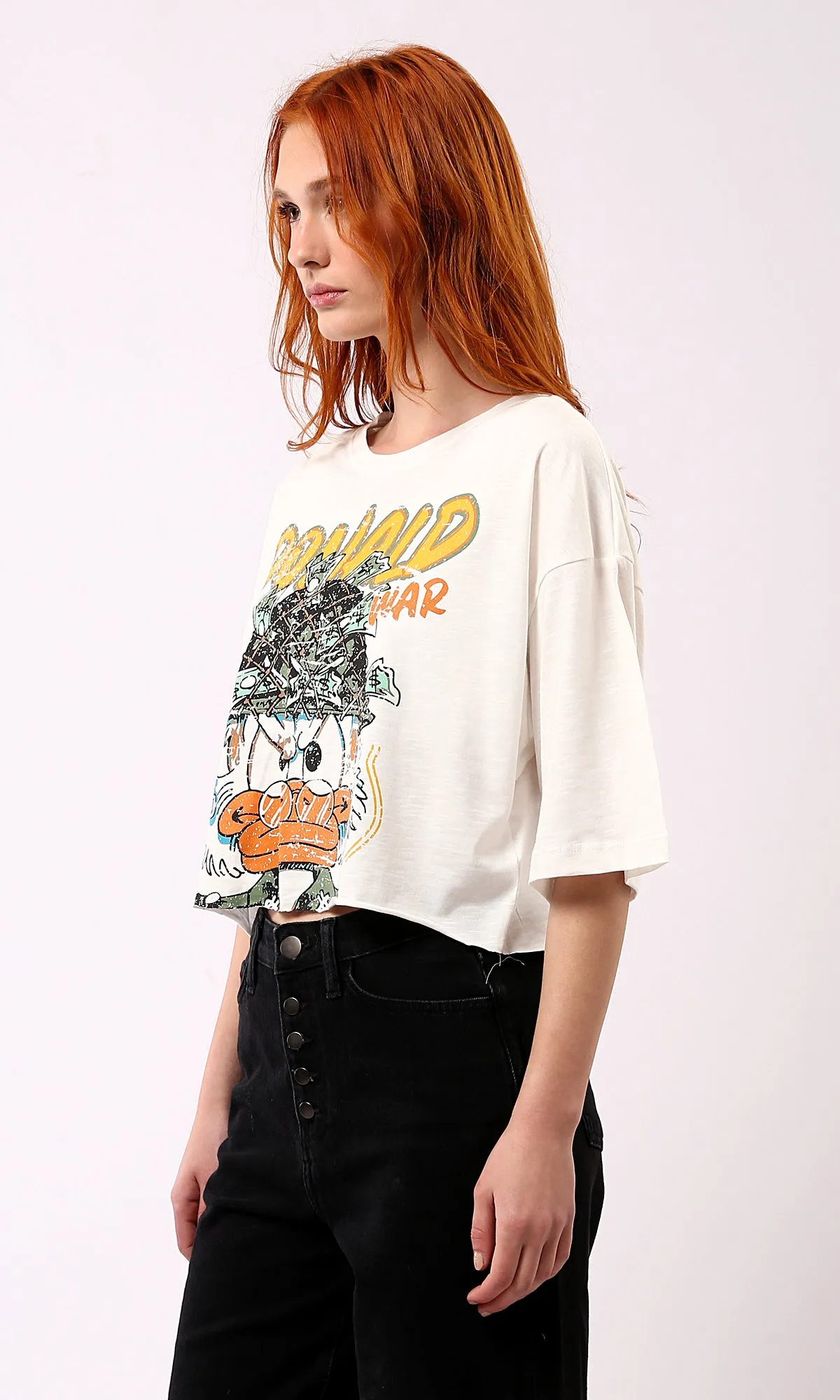 O181685 "Donald" Print Off-White Tee With Crew Neck