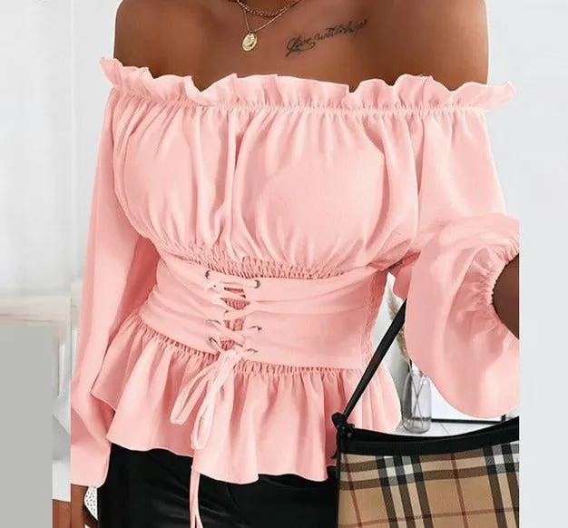 Off Shoulder Lace-up Front Ruffles Blouse